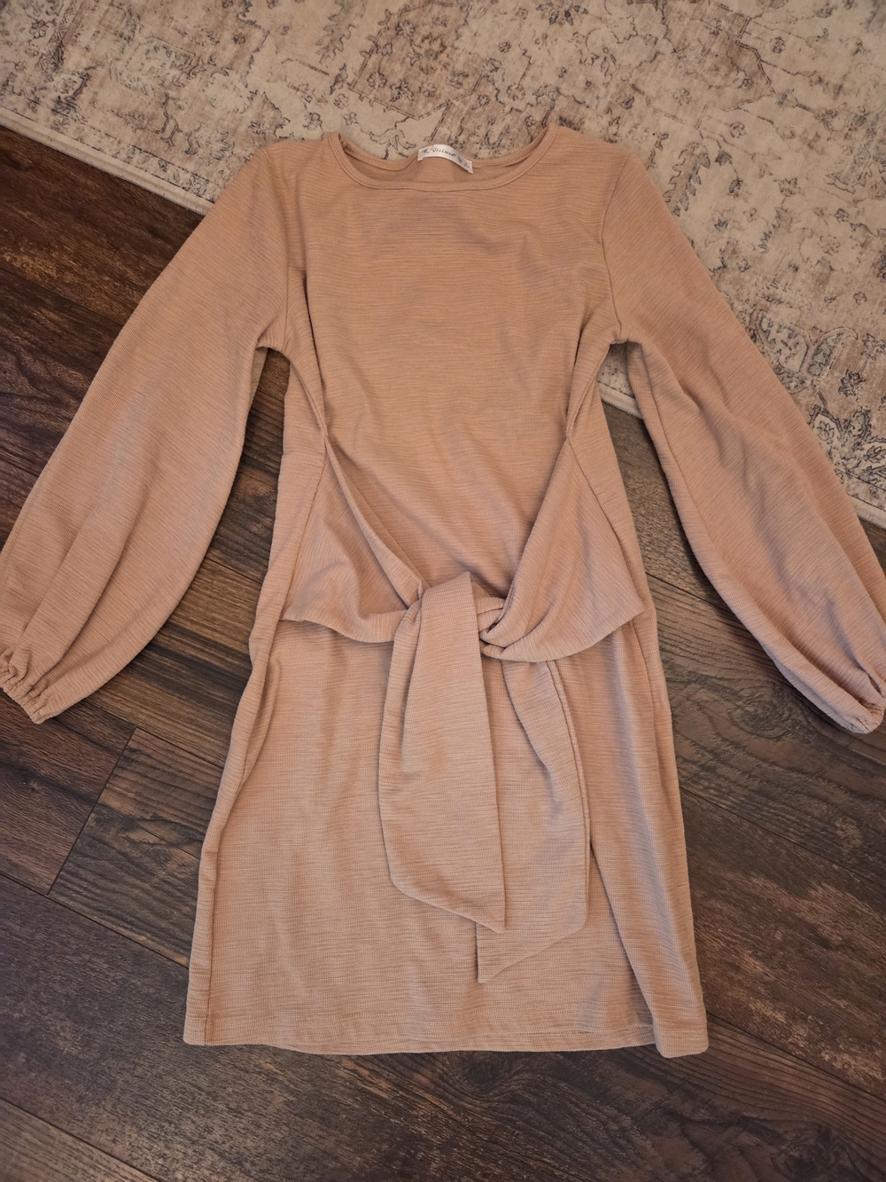 Long-Sleeve Tie-Front Dress in Light Tan